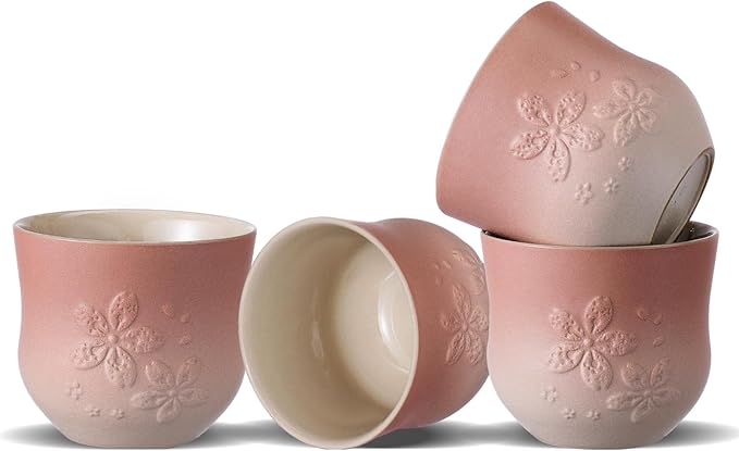 ZENS Japanese Tea Cups Set of 4 – 210ml Ceramic Handleless Tea Cups, Embossed Design, Traditional Japanese Style Cups for Matcha Tea, Hot Tea, Espresso, Pink