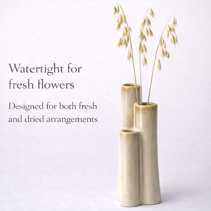 Ceramic Bud Vase, Sculptural Triple Tube Vase in Cream White for Modern Farmhouse & Minimalist Shelf Decor