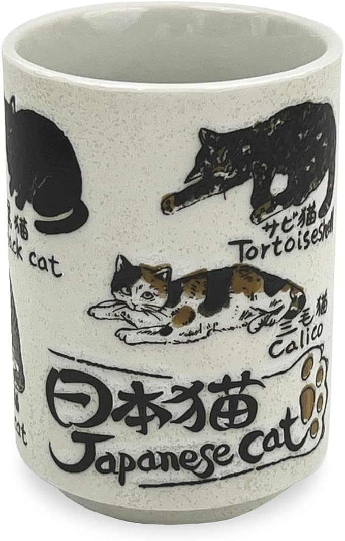 Japanese Tea Cup - Pottery 9 fl oz, Yunomi Mug, Sushi Made in Japan (C3-28 Japanese Cat)