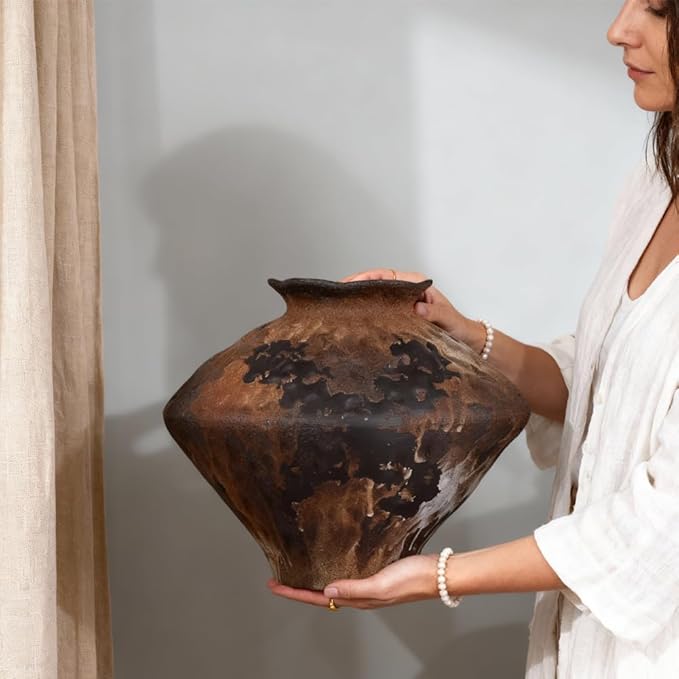 Dark Brown Terracotta Ceramic Vase, 11.5" Large Rustic Farmhouse Pottery Vase with Wide Mouth, Watertight Wabi Sabi Flower Vase for Pampas Grass and Table Centerpieces Decor