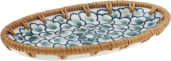 Rattan Ceramic Tray, Oval Fruit/Bread/Cookie/Jewelry Small Storage Porcelain Serving Plate, Vintage Decorative Display Plate for Coffee Table Home Decor Wedding Party Gift (Dark Green Cloud)