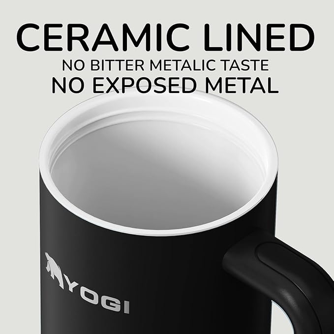 YOGI Ceramic Lined Metal Allergy Safe 40oz Tumbler with Handle and Straw Leakproof Flip & Sip Lid Vacuum Insulated Stainless Steel Travel Cup for Iced Coffee Water and All-Day Hydration 40oz Onyx