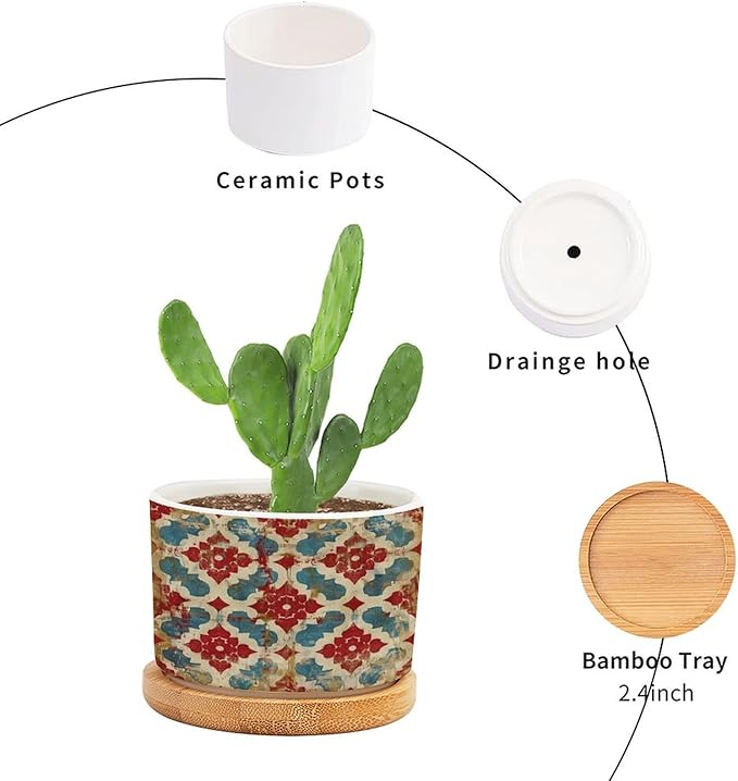 DreamAutumn Geometric Kilim Moroccan Ikat Planter Ceramic Round Plant Pots with Drainage Holes and Bamboo Tray Planting Small Flower Pots for Home Windowsill Desk Garden Indoor Outdoor Use