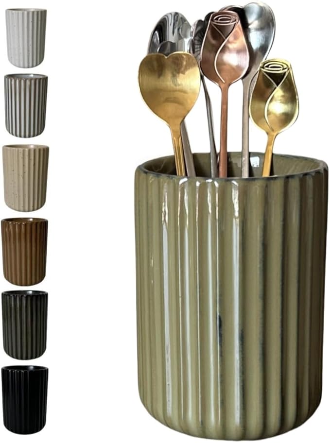Stoneware Coffee Bar Utensil Holder Tea & Coffee Spoon & Stirrer Holder for Stir Stick Straw Teaspoon Holder Spoon Cup Small Utensil Jar Fluted Vertical Stripe (Retro Green)