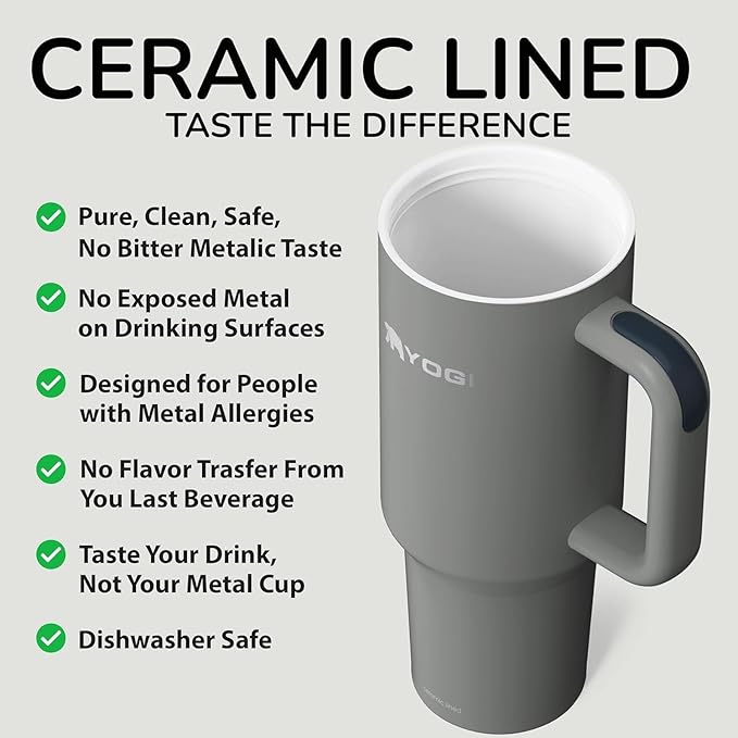 YOGI Ceramic Lined Metal Allergy Safe 40oz Tumbler with Handle and Straw Leakproof Flip & Sip Lid Vacuum Insulated Stainless Steel Travel Cup for Iced Coffee Water and All-Day Hydration 40oz Slate