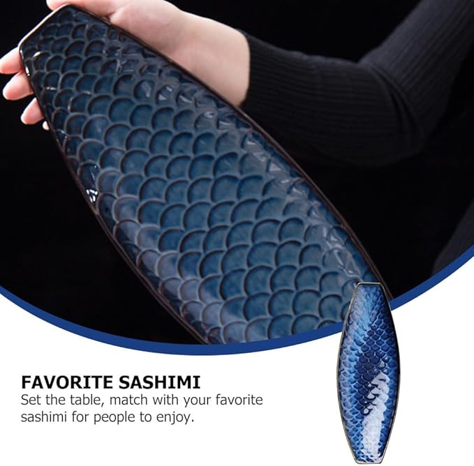 Cabilock Japanese Fish Plate 14.37 Inch Ceramic Sashimi Serving Platter Long Boat Shape Cold Dish Dessert Tray for Home Kitchen and Restaurant Use