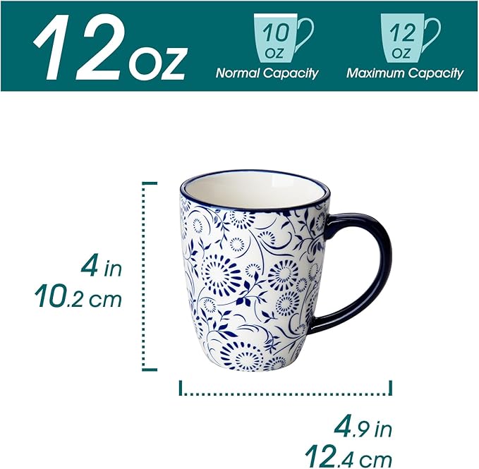 vancasso SELENE Coffee Mugs Set of 6, 12 Oz Porcelain Coffee Cups with Handle, Ceramic Tea Cup for Cappuccino, Latte, Tea, Cocoa, Dishwasher & Microwave Safe Gift Sets, Vintage Blue