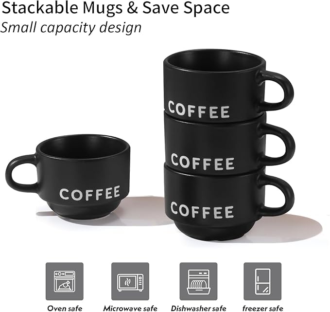 ASTRUE Espresso Cups Set of 4, 4 oz Matte Black Ceramic Demitasse Cups with Large Handles, Pro-Grade Porcelain Coffee Mugs, Dishwasher & Microwave Safe for Home, Office, Cafe