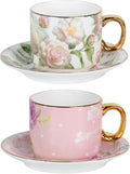 KAMMAK Tea Cups and Saucers Set of 2, Fine Bone China Coffee Cups, Stackable Espresso Mugs, Ceramic Demitasse for Coffee, Cappuccino, Latte, Americano, Tea, White Rose + Beauty Rose