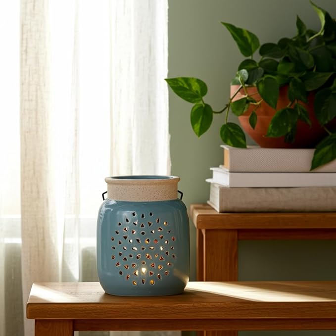 Sagebrook Home Ceramic Hurricane Lantern with Cutout Design - Stoneware Decorative Candle Holder for Home, Office & Living Room - Rustic Garden Accent - 6" Blue