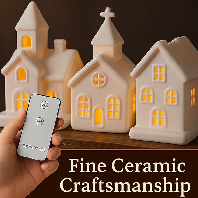 9 Pcs Christmas Village Figurines Sets - 4 Lighted Ceramic Houses with Remote Control & 5 Trees - Christmas Decorations Indoor - White Xmas Holiday Farmhouse Rustic Decor for Home Table Room