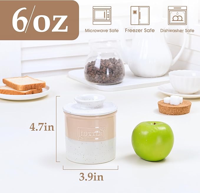 NUTRIUPS Ceramic Butter Crock, Butter Dish with Lid for Countertop with Water Line, French Retro Butter Crock for Spreadable Butter (Warm Sand White)