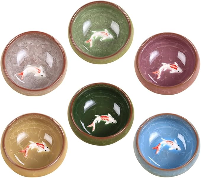 Hemoton Ice Cracked Fish Mini Tea Cup Set of 6 Porcelain Small Cups for Chinese Tea Ceremony Asian Kung Fu Matcha Coffee and Wine Tableware for Home and Party