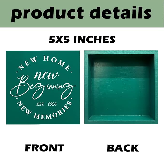 MUBIAO Rustic 2026 New Home Housewarming Gifts Ideasfor Women Men Friend Home Desk Shelf Decor - 5.1 x 5.1 Inches New Memories Decor Accessories -Green