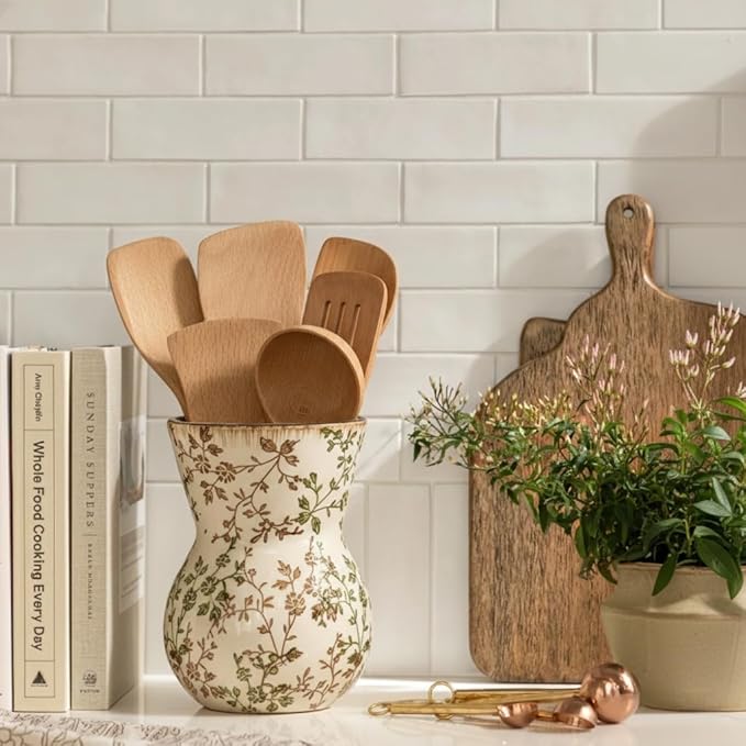 JIEMEI HOME Kitchen Utensil Holder for Countertop, 7.56" Ceramic Large Rustic Utensil Crock, Farmhouse Cooking Tool Organizer, Spatula Holder For Kitchen Decor, Green and Brown Floral