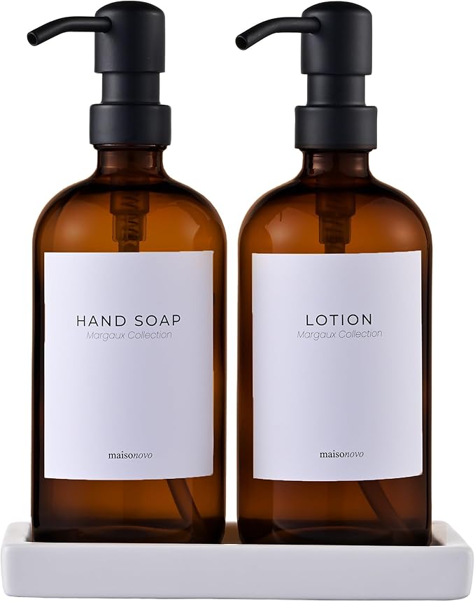 MaisoNovo Soap and Lotion Dispenser Set - Bathroom Soap Dispenser Set with Amber Glass Soap Dispenser, Black Pumps & Ceramic Tray