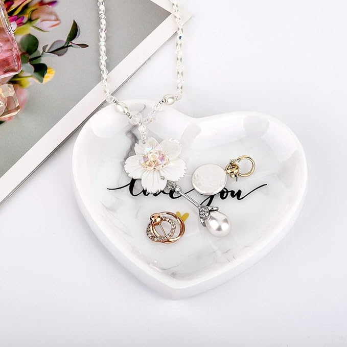 Emibele Jewelry Tray Dish, Heart Shaped Ring Dish Decorative Trinket Plate with Words - Love You Romantic Gifts for Her Mom Daughter Sister Best Friend, White Marble