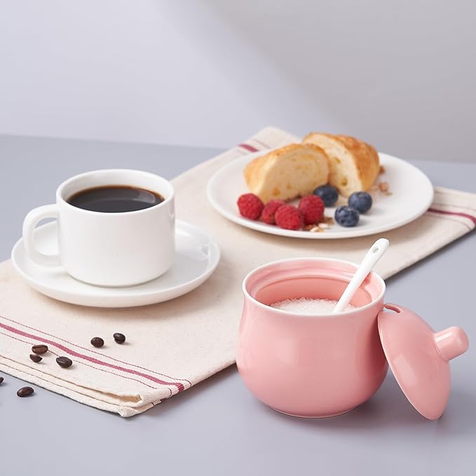 Ceramic Sugar Bowl with Lid and Spoon, Pink Porcelain Sugar Salt Pepper Storage Jar, 12 Ounces