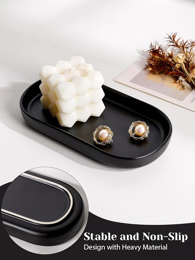 INGOFIN 7" Ceramic Bathroom Vanity Tray- Bathroom Organizer Countertop Tray for Perfume, Jewelry, Candles, Small Kitchen Counter Soap Tray, Decorative for Bathroom Vanity, Toilet Tank, Black