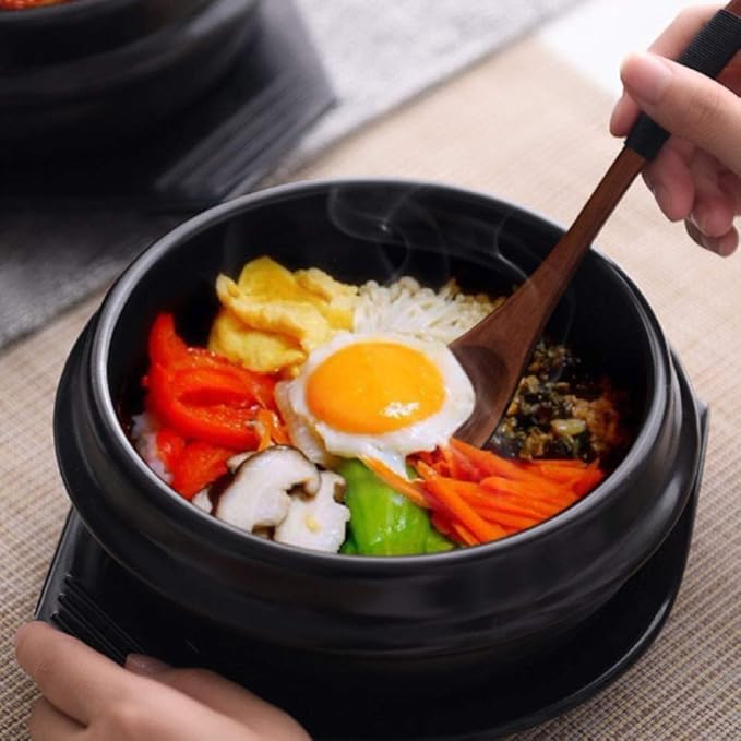 Korean Cooking Korean Stone Bowl, Stone Pot Sizzling Hot Pot for Bibimbap and Soup (Small, No Lid) - Premium Ceramic with Melamine Tray (27 Oz)