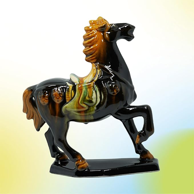 Handmade -Tang Dynasty Tri-Color Horse Sculpture Ceramic Horse-19cm Cultural Art Piece for Home,Bookcase or Office Decor (Black)