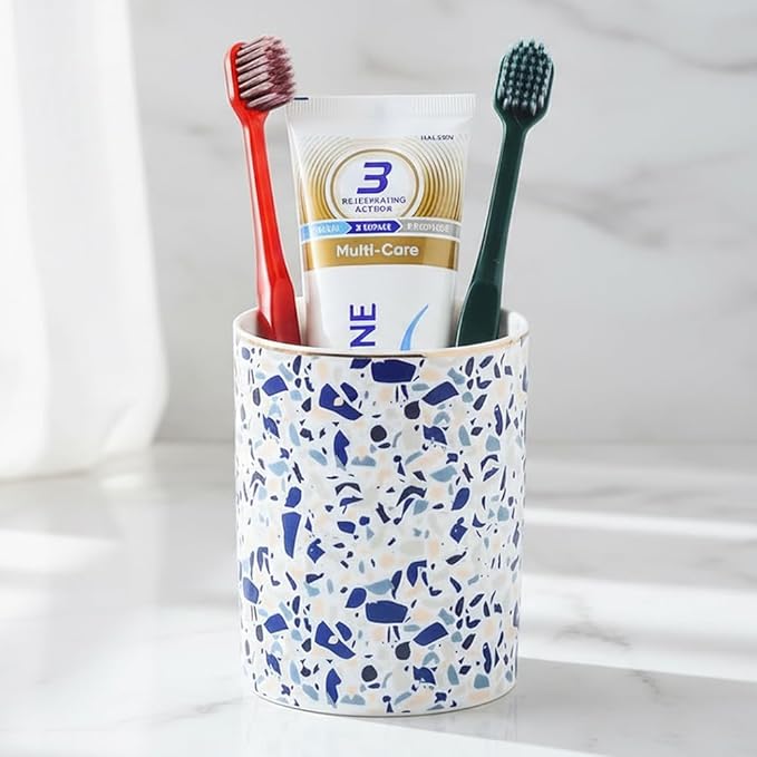 Ceramic Toothbrush Holder Toothpaste Holders, Cute Bathroom Tumbler Cups Reusable,Checkered Bathroom Counter Decor Organizer, Makeup Brush Holder,Pen Holder (Terrazzo)