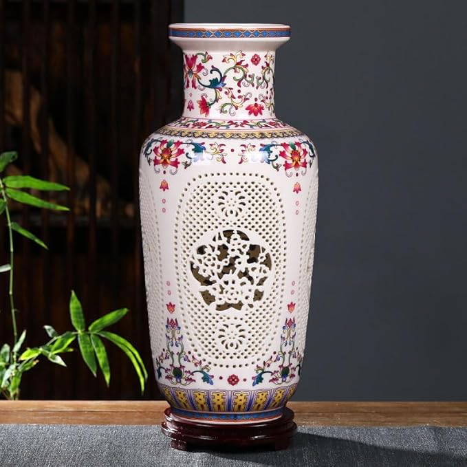 Flower Vase - 11.42 Inch Hollow Out Ceramic Vase, Vintage Chinese Style Home Decor, Handcrafted Patel White Porcelain Centerpiece for Living Room Table Shelf (Pastel A)