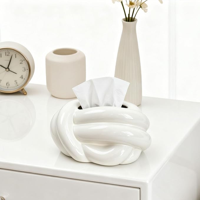 Tissue Box Cover Facial Bathroom Accessories Napkin Storage Container Ceramic for Office Vanity Living Room Bathroom Dresser, White