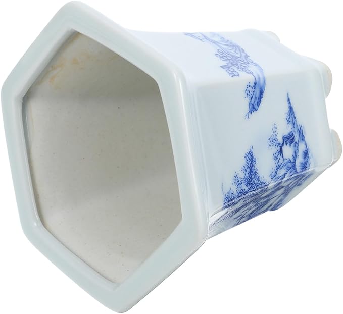 Blue and White Ceramic Succulent Planter Pot for Indoor Balcony with Oval Porcelain Bonsai Bowl, Small Asian Style Flower Pot for Cactus and Nursery Plants