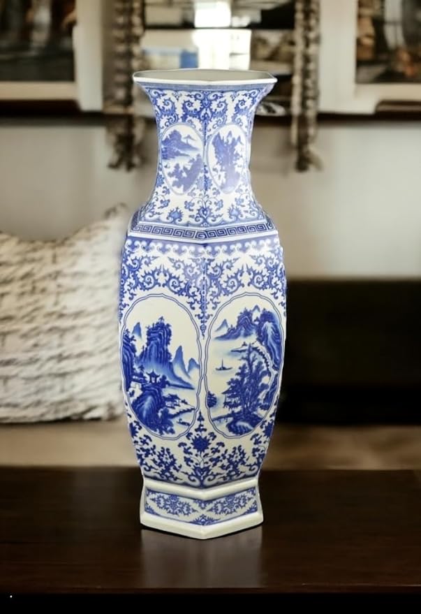 25" Classic Blue and White Hexagonal Lotus Porcelain Vase, Ceramic Vase Jingdezhen, China Qing Style （D9）