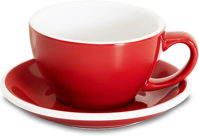 Loveramics Latte Art Mug with Saucer, 10 oz Ceramic Coffee cups with Round Bottom for Latte, Cappuccino, Tea, Espresso, Thick-walled Stoneware Cup Set for Barista - Regular Colours (Red, 10OZ)