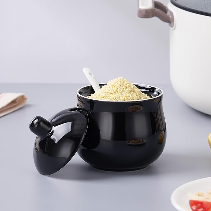 Ceramic Sugar Bowl with Lid and Spoon, Black Porcelain Sugar Salt Pepper Storage Jar, 12 Ounces