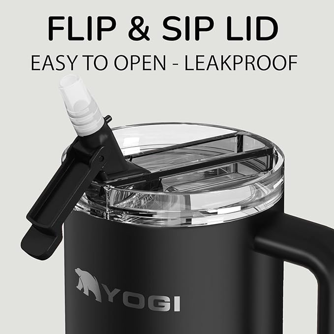 YOGI Ceramic Lined Metal Allergy Safe 24oz Tumbler with Handle and Straw Leakproof Flip & Sip Lid Vacuum Insulated Stainless Steel Travel Cup for Iced Coffee Water and All-Day Hydration 24oz Onyz