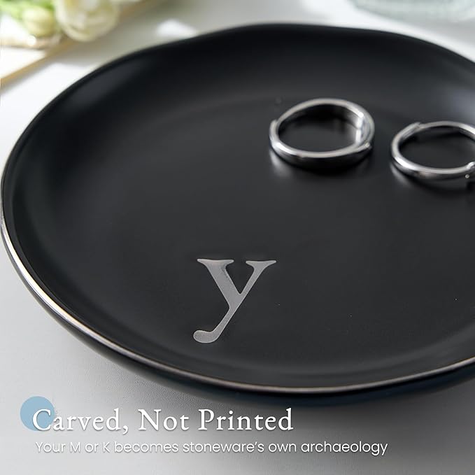 Lolalet Handmade Ceramic Ring Dish Jewelry Tray Plate with Initial, Small Monogram Gift for Her Women Girls Mother, Hostess, Engagement, Bridal Shower, Maid of Honor, Bridesmaid, Birthday, Christmas