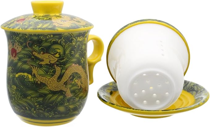 Porcelain Tea Cup with Infuser Lid and Saucer Sets - Chinese Jingdezhen Ceramics Coffee Mug Teacup Loose Leaf Tea Brewing System for Home Office