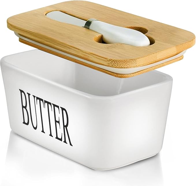 Hasense Butter Dish with Lid, Large Butter Dish with Lid for Countertop, Ceramic Butter Holder Container with Cover, Airtight Butter Keeper for Kitchen,White