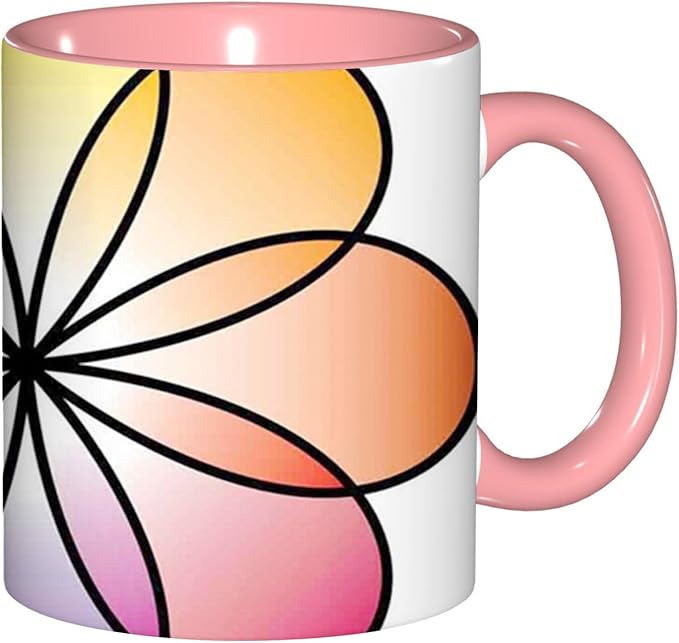 Rainbow,Funny Novelty Ceramic Coffee Cups With Handle,Flower of Life with Colorful Petals Tea Cup for Office and Home, 11 Oz,Dishwasher Microwave Safe (Pink)
