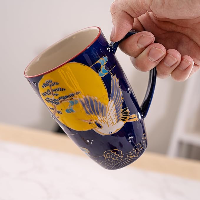 Urban Tokyo Tea Mug With Lid and Stainless Steel Infuser For Loose Leaf Tea Bag Tea Cup 15oz Porcelain Hot Beverage Everyday Use Home Office (Crane Moon)