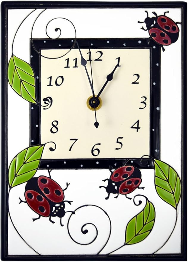 Modern Artisans Ladybug Trio Motif Ceramic Wall Clock, 7.5" x 10.5" Black and White