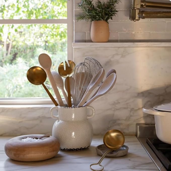 JIEMEI HOME Kitchen Utensil Holder with Handle, 6.85" Ceramic Farmhouse Stable Utensil Crock for Countertop, Utensil Organizer with Cork Bottom, Spatula Holder For Kitchen Decor, White