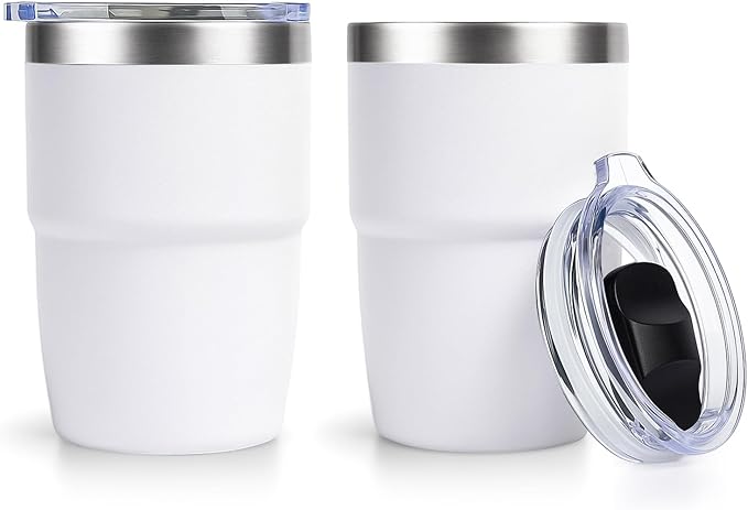 Zenbo 8 oz Stackable Espresso/Coffee Cups with Magnetic Lid, Ceramic-Lined 18/8 Stainless Steel Mini Tumblers, Double-Wall Vacuum Insulated & Dishwasher Safe for Travel & Office (White-2 Pack)