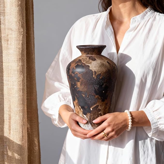 Wabi Sabi Ceramic Vase 9.1 Inch, Rustic Pottery Vase for Home Decor, Organic Textured Brown Black Vase for Pampas Grass, Coffee Table Shelf Farmhouse Decor
