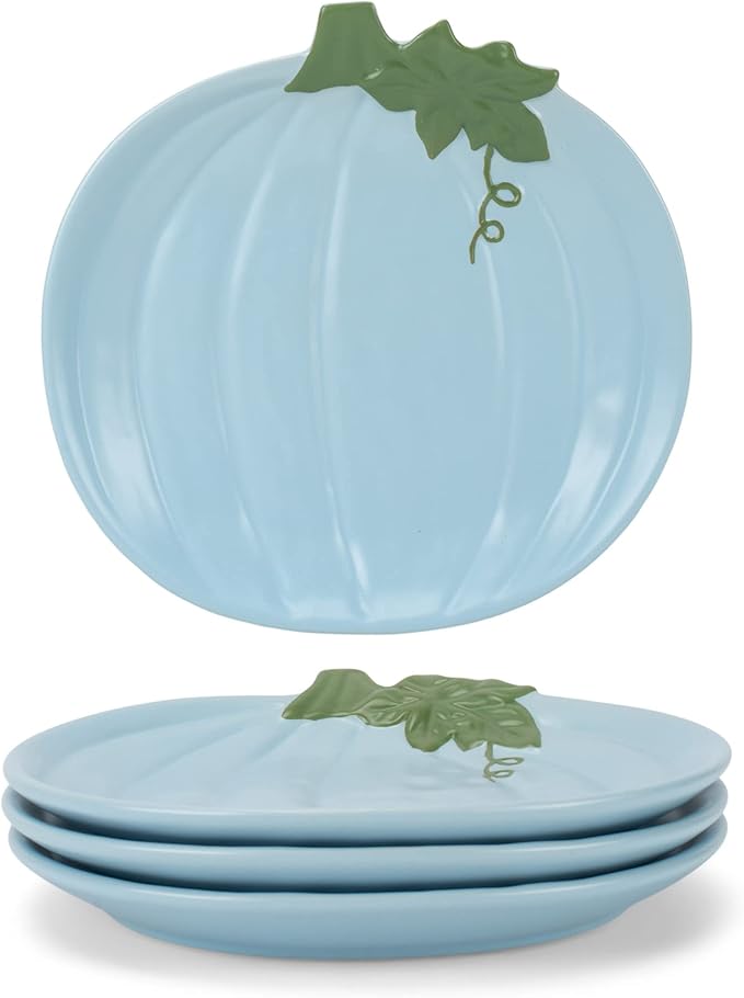 Nat & Jules Pumpkin Shaped 8 x 8 Inch Ceramic Small Dining Plates: Perfect for Thanksgiving, Halloween and Indoor Fall Table Décor & Service - Set of 4, Powder Blue