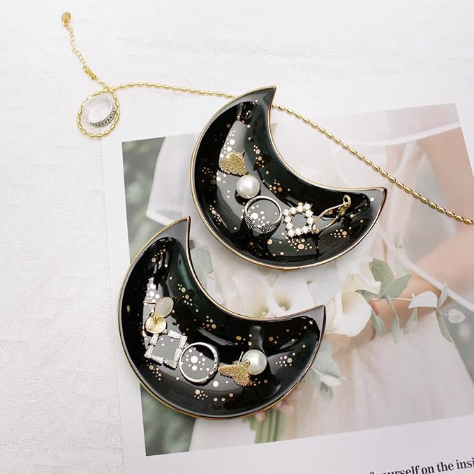 Soddeph Small Moon Ceramic Jewelry Tray, Decorative Trinket Dish, Ring Holder Plate, Modern Accent Tray for Bathroom, Nightstand, Entryway Table, Vanity (2, Black)