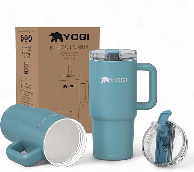 YOGI Ceramic Lined Metal Allergy Safe 24oz Tumbler with Handle and Straw Leakproof Flip & Sip Lid Vacuum Insulated Stainless Steel Travel Cup for Iced Coffee Water and All-Day Hydration 24oz Laguna