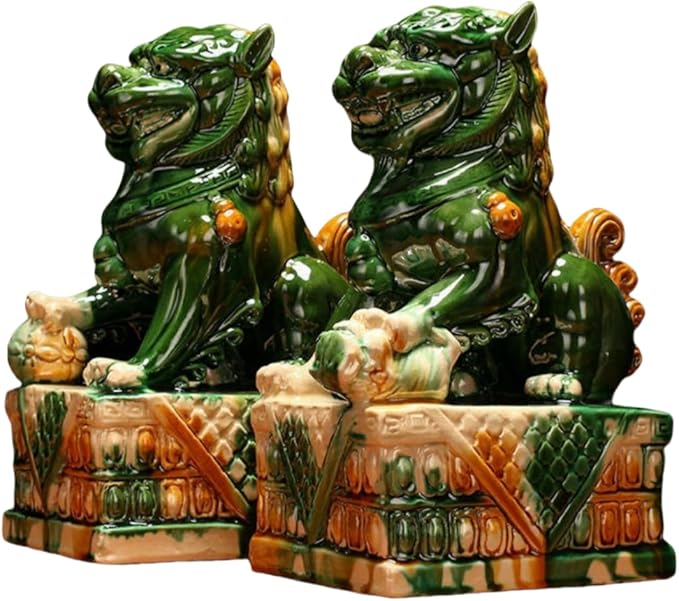 Ceramic Sculptures Ceramic Lions Pair Home Decorations Asian Art Desktop Feng Shui Ornaments Tricolor Green