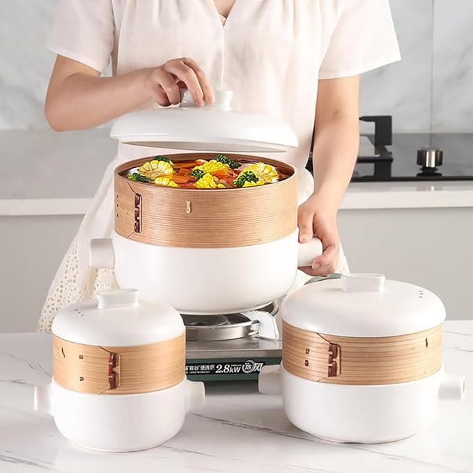 Steamer for Cooking Japanese Ceramic Hot Pot, Earthenware Clay Pot Casserole Steamer Cookware Stew Pot Stockpot with Lid & Steamer Basket for Healthy Cooking, Even Heating,White,4L