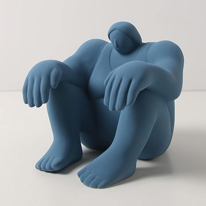 Abstract Art Character Statue Figurine Handmade Ceramic Sculpture Ornaments for Bookshelf Wine Cabinet Crafts Decoration (Blue)