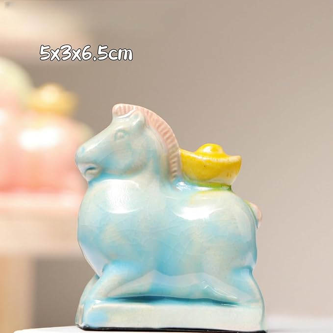 Chinese Style Sculpture Ceramic Statue of A Fat Horse with Ingots On Its Back, Desktop Ornament, Sky Blue