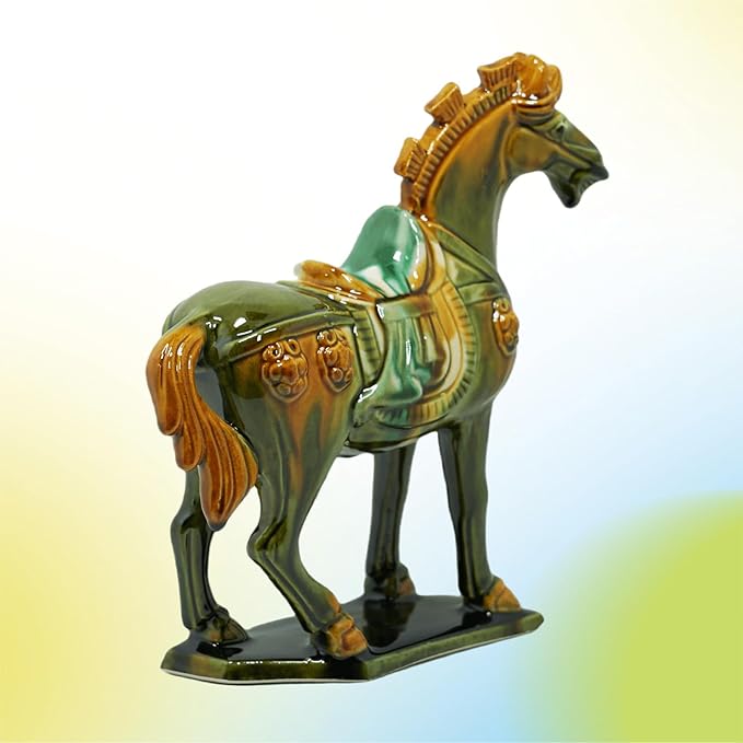 Handmade Tang Dynasty Tri-Color Horse Ceramic Sculpture - 19cm Traditional Chinese Cultural Art Decor - Symbol of Prosperity & Good Fortune - Perfect for Home, Office, Bookcase Shelf(Grass Green)